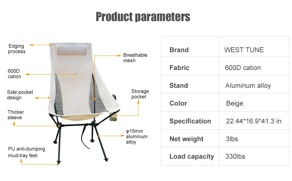 WESTTUNE Portable Folding Camping Chair with Headrest Lightweight Tourist Chairs Aluminum Alloy Fishing Chair Outdoor Furniture